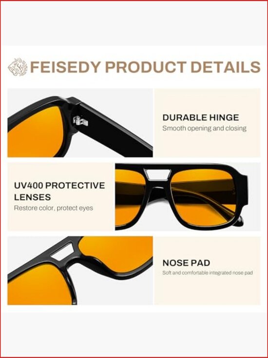 Retro Aviator Square Pilot Sunglasses with Double Bridge Thick Frame UV400 Lens
